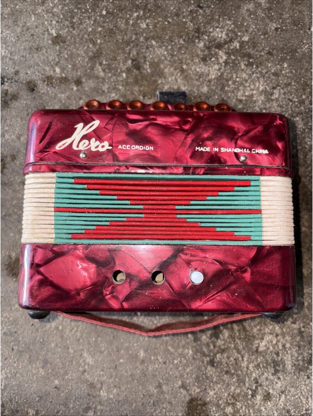 VTG Hero Toy Accordion Child Red Pearl Squeezebox Missing 2 Buttons